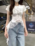 妙奕嘉白色短袖t恤女新款2025年女裝夏季女士正肩上衣女生純欲修身體恤 蕾絲拼接不規(guī)則飄帶短袖 L 【建議95-105斤】 曬單實拍圖