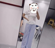 甜美多巴胺新款格子闊腿褲女夏季薄款休閑褲子高腰垂感直筒褲 藍(lán)色 均碼 （80-140斤） 曬單實(shí)拍圖