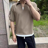 芮蔓菲（RUIMANFEI）假兩件襯衫男短袖潮牌痞帥冰絲V領(lǐng)T恤男裝2024新款夏季半袖小襯衣 B331-V66卡其色（單件襯衫） XL 曬單實拍圖