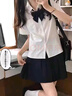 麓格立 短袖JK制服套裝白襯衫女學(xué)院風(fēng)短裙百褶裙日系寬松學(xué)生百搭套裝 套裝【白襯衫+黑百褶+領(lǐng)結(jié)】 M 【建議90-105斤】 曬單實(shí)拍圖