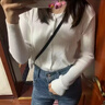DGOV時(shí)尚長袖寬松上衣針織衫女秋季新款毛衣女開衫外套女薄款短款外穿 米白色 S 建議80--95斤 曬單實(shí)拍圖