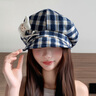 QUEEN TRIP可愛(ài)小貓蝴蝶結格紋貝雷帽女顯臉小翻檐八角帽大頭圍報童畫(huà)家帽子 藏青色-小貓蝴蝶結格紋貝雷帽 曬單實(shí)拍圖