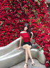 爾山集一字肩花朵性感短袖T恤女夏季緊身褶皺辣妹純欲露肩修身上衣 【紅色】L（105-115斤） 曬單實拍圖