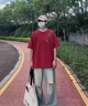 gxmy新中式印花短袖t恤男士休閑套裝新款潮流一套痞帥氣搭配衣服男裝 【2件套】紅色+休閑短褲黑 XL 曬單實拍圖