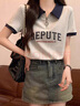 polo衫短袖t恤女2025新款夏季寬松港風(fēng)設(shè)計(jì)感小眾正肩翻領(lǐng)上衣服 藏青拼白灰色 M （95-105斤） 曬單實(shí)拍圖