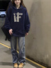 棉柔黑色字母印花紐扣衛(wèi)衣男女秋冬胖mm寬松oversize加絨連帽上衣 藏青色春秋款 S 曬單實(shí)拍圖