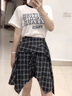 艾美琦美（AIMEIQIMEI）2025年新款韓版時尚印花短袖t恤小個子夏季連衣裙套裝不規(guī)則短裙 白色上衣+格子半裙 L 曬單實拍圖