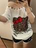 LDBE豹紋Kitty貓刺繡綁帶斜肩短袖T恤女夏季寬松美式辣妹顯瘦露肩上衣 白色 S 【80-100斤】 曬單實(shí)拍圖