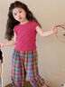 七語(yǔ)欣童裝女童短袖套裝夏裝兒童套裝2025新款女孩寶寶t恤格子褲兩件套 紅色 120 (適合身高110-120cm) 曬單實(shí)拍圖