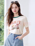 百圖betu女裝2025夏季新款T恤拼色設計夏日印花舒適棉感短袖女2505T16 杏色 M 曬單實(shí)拍圖