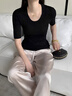 Jret黑色u領(lǐng)正肩中袖女t恤2025春夏新款修身氣質(zhì)內(nèi)搭打底衫五分袖上衣 黑色【感/春季穿搭/夏季穿搭/設(shè) L 曬單實拍圖
