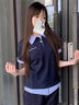 學(xué)院風(fēng)polo衫短袖t恤女夏季正肩拼接格子設(shè)計(jì)感小眾修身顯瘦上衣 藏青色 M 曬單實(shí)拍圖