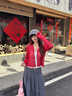 SNYDER WEAR韓版開(kāi)衫秋季薄款微透韓版V領(lǐng)罩衫高端氣質(zhì)女裝長(zhǎng)袖百搭開(kāi)衫上衣 紅色 薄款 M 建議80-100斤 曬單實(shí)拍圖