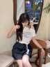紫涵（ZIHAN）紫涵條紋拼接牛仔a字短裙女2025秋季新款系繩松緊高腰藏青半身裙 藏青 XS 曬單實拍圖