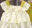 G.DUCK KIDS小黃鴨女寶寶夏季洋氣時髦套裝小童甜美公主時髦衣服小女孩兩件套 綠色 100 cm 曬單實拍圖