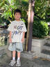 猴兄仔男童夏裝套裝2024新款夏季短袖牛仔七分褲中大兒童男孩夏款痞帥潮 米白色 150 (建議身高140CM左右) 曬單實拍圖