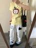 LDBE美式高街格子翻邊口袋工裝牛仔褲女夏季小狗刺繡寬松直筒闊腿長褲 白色 S 曬單實拍圖
