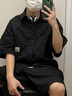 gxmy大肚子工裝短袖襯衫男士休閑套裝夏季加肥大碼胖子寬松襯衣服男裝 黑色襯衣+棉白T+軍綠褲 XL 【推薦120-140斤】 曬單實拍圖