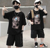 G.DUCKKIDS男童t恤套裝夏季新款笑臉印花短袖中大童男孩薄款帥氣兒童夏裝潮T 黑色套裝 160 曬單實(shí)拍圖