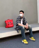 Foss Phil短袖格子襯衫男女款春夏季復古寬松拼色百搭襯衣外套6322藍色L 曬單實拍圖