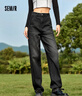 森馬（Semir）牛仔褲女抓毛長(cháng)褲舒適復古風(fēng)2024冬季潮流寬松錐形褲顯瘦 牛仔水洗黑98201 M 160/66A 曬單實(shí)拍圖