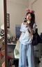 魯雅爾格子闊腿褲子女春秋季薄款高腰寬松直筒休閑褲大碼胖mm顯瘦山本褲 藍色 L 曬單實(shí)拍圖
