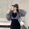 她芙（tafu）品牌女裝法式連衣裙女2025春秋新款時(shí)尚洋氣減齡收腰衛衣a字裙子 灰拼黑 S （100斤以?xún)龋?曬單實(shí)拍圖