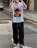FOG SKY休閑褲男美式格子衛褲男春秋季闊腿長(cháng)褲復古運動(dòng)褲潮流直筒褲子男 BGM-HK24884黑色 L （建議110-130斤） 曬單實(shí)拍圖