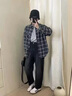 POUM美式長(cháng)袖格子襯衫男女同款高街痞帥慵懶風(fēng)寬松百搭情侶襯衣外套男 ZSFS-C02黑色 L 【尺碼偏小建議拍大一碼】 曬單實(shí)拍圖