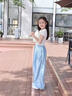 小豬彼特女童褲子夏季薄款2025年新款兒童夏裝速干闊腿褲女大童冰絲山本褲 15106藍(lán)色 140 cm 曬單實(shí)拍圖