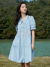 茵曼（INMAN）田園風(fēng)Polo領(lǐng)連衣裙女裝2025夏季新品泡泡袖裙子 淺水藍(lán)-新  M 曬單實(shí)拍圖