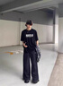 Shelley Jones藏青色刺繡褲子男款夏季美式復(fù)古垂感闊腿褲高級(jí)感褶皺寬松傘兵褲 藏青色 XL [推薦120-140斤] 曬單實(shí)拍圖