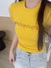 黃色字母燙鉆潮流短袖t恤女夏季新款修身顯瘦美式短款正肩上衣服 黃色 M 曬單實(shí)拍圖