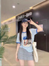 薄款微透撞色圓領(lǐng)短袖t恤女夏季2025新款韓版卡通印花潮流上衣服 藍(lán)色 M 曬單實(shí)拍圖