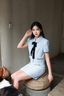 Mandy Zhang韓系千金鑲鉆藍(lán)色小香風(fēng)襯衫女夏季高級(jí)短袖上衣 浣紗藍(lán)-襯衫 S 曬單實(shí)拍圖