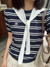 ELLE ACTIVE披肩條紋毛織T恤女裝夏季新款透氣冰爽短袖可拆卸披肩撞色針織衫 藏青/白色 M 曬單實(shí)拍圖