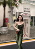 巧丂淑女緞面連衣裙女醋酸蕩領小眾性感吊帶連衣裙西裝內搭長裙 牛油果綠 請參考詳情尺寸選碼 M 曬單實拍圖