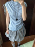 妙奕嘉條紋短袖t恤女士夏季衣服時尚高級新款上衣修身純欲短款辣妹甜美 法式藍色條紋抽繩綁帶無袖上衣 XL 【建議101-115斤】 曬單實拍圖