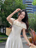 糖力【商場(chǎng)同款】夏新款泡泡云朵連衣裙女打攬一字肩天絲長(zhǎng)裙 杏色 S 曬單實(shí)拍圖