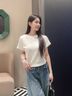 ELLE法式寬松純色白短袖女圓領(lǐng)設(shè)計(jì)感2025夏新款通勤套頭T恤上衣 米白 M 曬單實(shí)拍圖