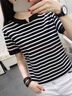 妃麗慕尚（FEILIMUSHANG）2025夏季新款正肩條紋短袖T恤女裝200斤胖mm寬松顯瘦半袖上衣 21藏青色 2XL 建議130-145斤 曬單實(shí)拍圖