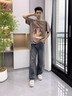 百鵲亭（BAIQUETING）美式復古短袖t恤套裝男生休閑一套搭配高街牛仔褲酷帥穿搭兩件套 【2件套】水洗椰樹(shù)棕色+牛仔褲黑 XL 曬單實(shí)拍圖