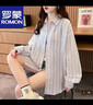 羅蒙（ROMON）棉麻襯衫女2025春季新款時(shí)尚外套韓版上衣潮休閑長(cháng)袖條紋寬松百搭 藍色 S （建議90-110斤穿） 曬單實(shí)拍圖