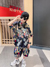 愛(ài) 西娜男孩蝙蝠袖上衣套裝2025夏季新款男大童滿(mǎn)印休閑舒適短袖兩件套潮 圖片色 140 曬單實(shí)拍圖