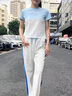 皮爾卡丹（pierre cardin）休閑運(yùn)動減齡套裝女2025夏季新款設(shè)計感短款上衣闊腿褲時尚兩件套 藍(lán)色拼白色套裝 XXL 曬單實拍圖