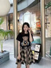 佐敘T恤+半身裙套裝女2025新款夏季時(shí)尚洋氣T恤+格子荷葉邊裙子兩件套 黑色上衣+格子裙 L （105-120斤） 曬單實(shí)拍圖