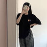佐敘正肩短袖t恤女2025新款寬松設(shè)計(jì)感學(xué)生美式港風(fēng)復(fù)古顯瘦半袖上衣 黑色 L (111-130斤） 曬單實(shí)拍圖
