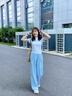 DGOV藍色波點寬松褲女夏季2025新款高腰垂感小個子休閑奶芙闊腿褲 藍色小個子  薄款 S 建議80-95斤 曬單實拍圖