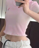 CHUU花朵印花T恤女2025年夏季新品漸變色蕾絲拼接木耳邊短袖上衣 淺粉色 M -0 曬單實(shí)拍圖