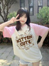 G.DUCKKIDS美式插肩純棉短袖恤女大童夏裝2025初中高中學(xué)生寬松半袖上衣夏 棕拼杏夏季2025年新款/純棉短袖 170 M 曬單實(shí)拍圖
